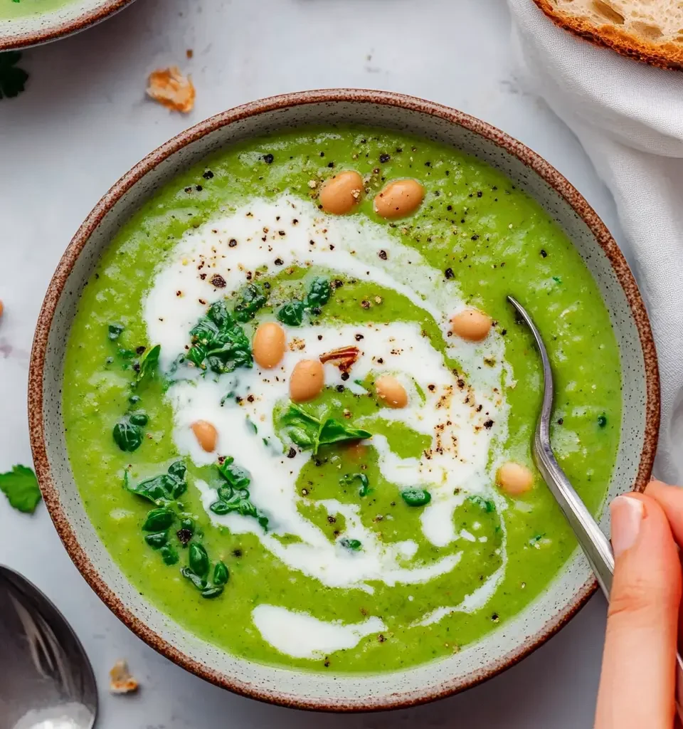 High Protein Vegan Soup Recipes for a Healthy Meal 7 A deliciously smooth green soup made with kale, white beans, and fresh herbs, topped with a swirl of cream and a dash of black pepper.