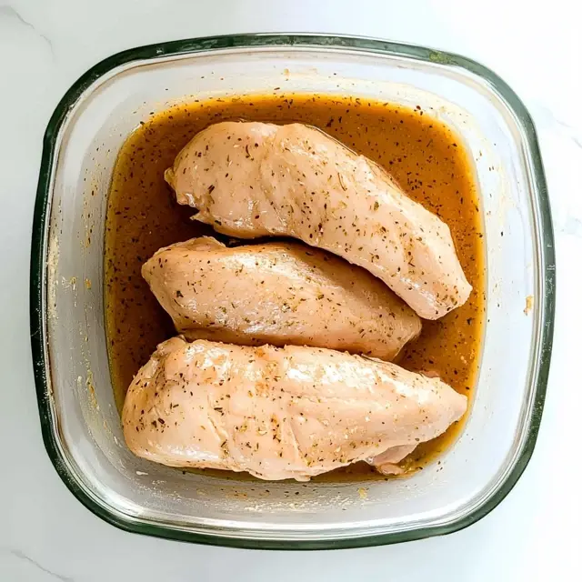 The Best Blackstone Chicken Recipes You’ll Ever Try 9 Chicken breasts marinating in a seasoned sauce in a glass container