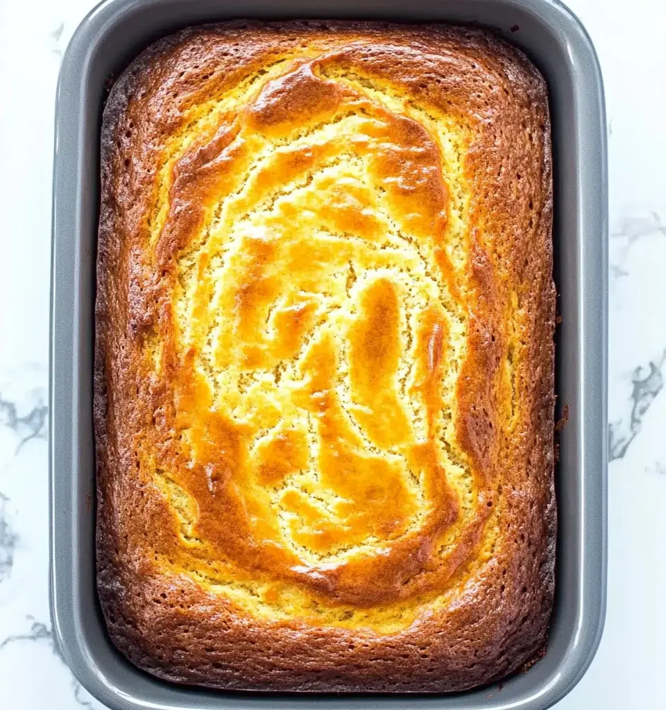 Easy & Delicious Banana Bread Recipe with Cake Mix 15 A freshly baked banana bread loaf with a golden-brown top and slightly cracked surface in a loaf pan.