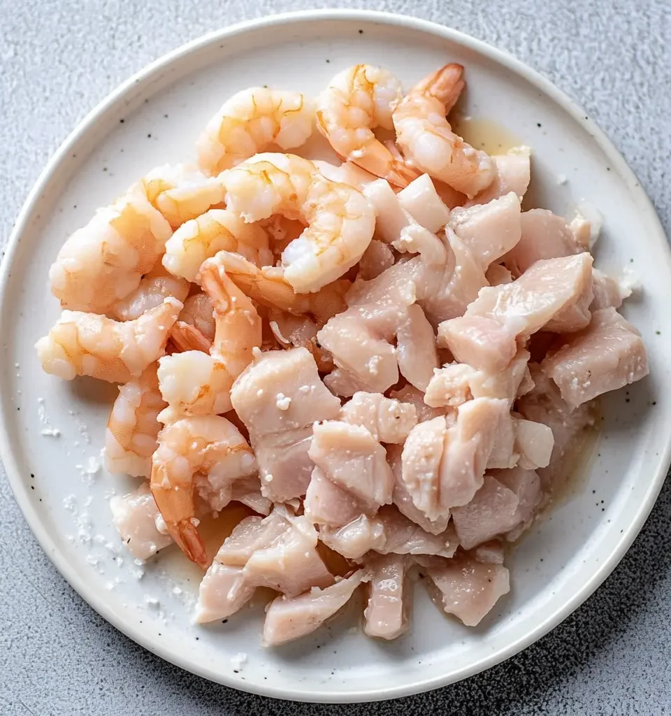 easy chicken and shrimp stir-fry recipe ideas 10 A plate with raw shrimp and diced chicken, prepped for cooking.