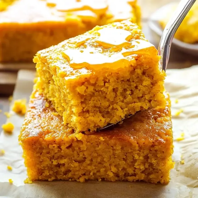 Sweet Potato Cornbread: The Perfect Blend of Flavor and Texture 6 A close-up of moist and fluffy homemade pumpkin cornbread drizzled with honey, showing its golden texture.