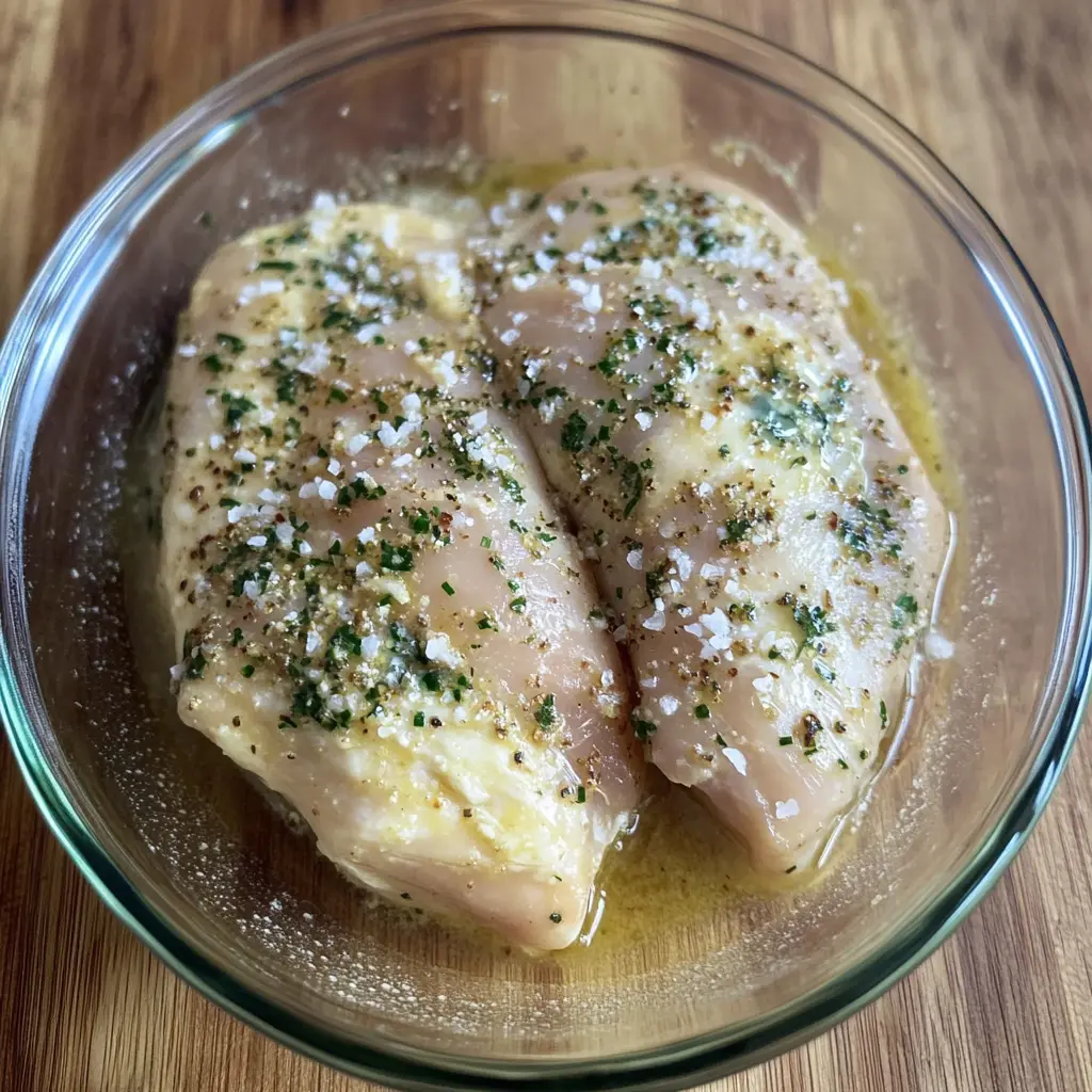 Crispy Baked Chicken Cutlet Recipes: Italian-Style Perfection 10 Raw chicken breasts marinating in a seasoned mixture with herbs, spices, and buttermilk in a glass bowl.