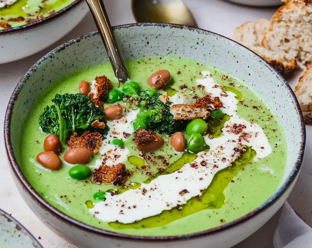 A bowl of green soup with white beans, peas, kale, and crispy bread pieces, drizzled with cream and olive oil.