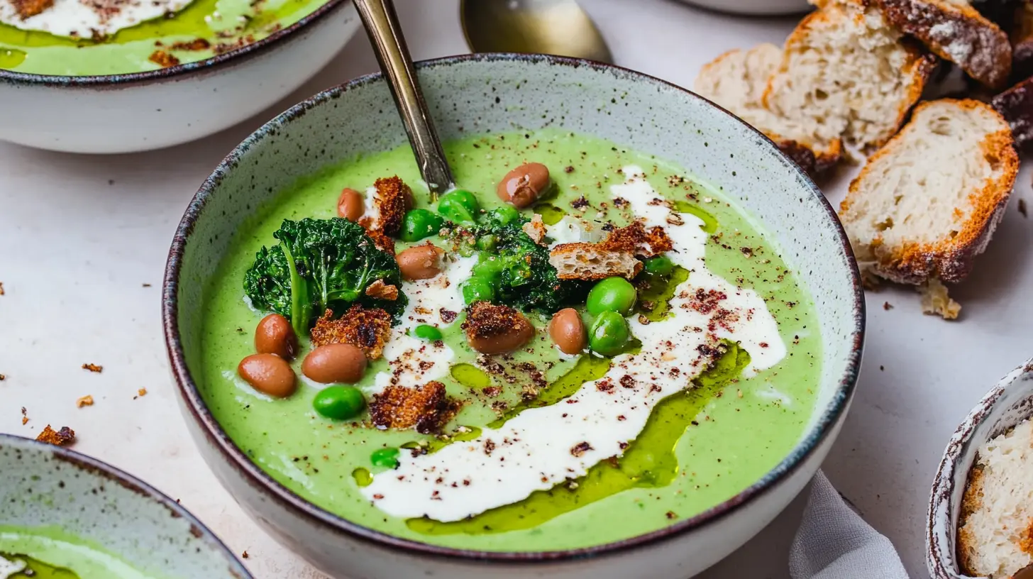 A bowl of green soup with white beans, peas, kale, and crispy bread pieces, drizzled with cream and olive oil.