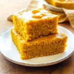 Two stacked slices of moist pumpkin cornbread on a white plate, topped with a drizzle of honey.