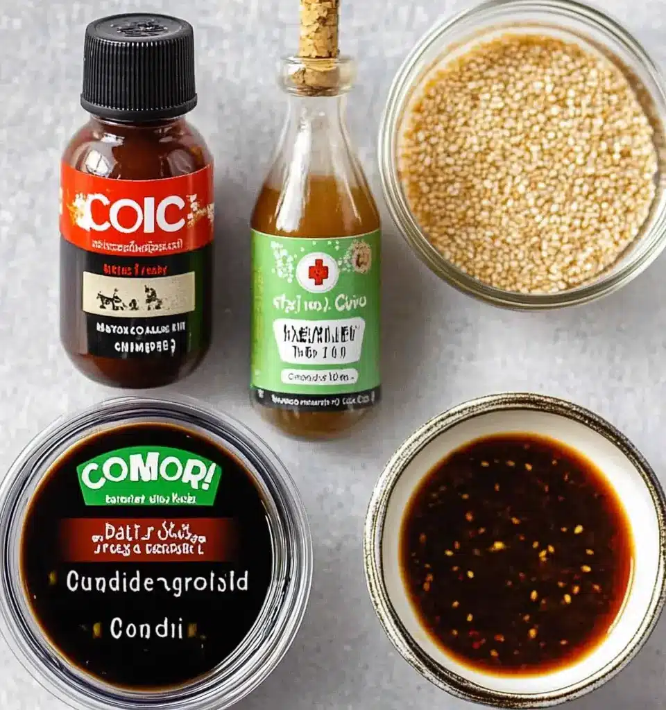 easy chicken and shrimp stir-fry recipe ideas 9 Various ingredients for stir-fry sauce, including soy sauce, garlic, sesame seeds, and a dark bottle of Asian sauce.